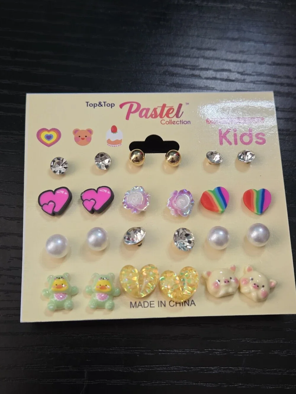 Top&Top Pastel Kids Earring Set - Multicolor Hearts, Pearls & Gems-Green Bear